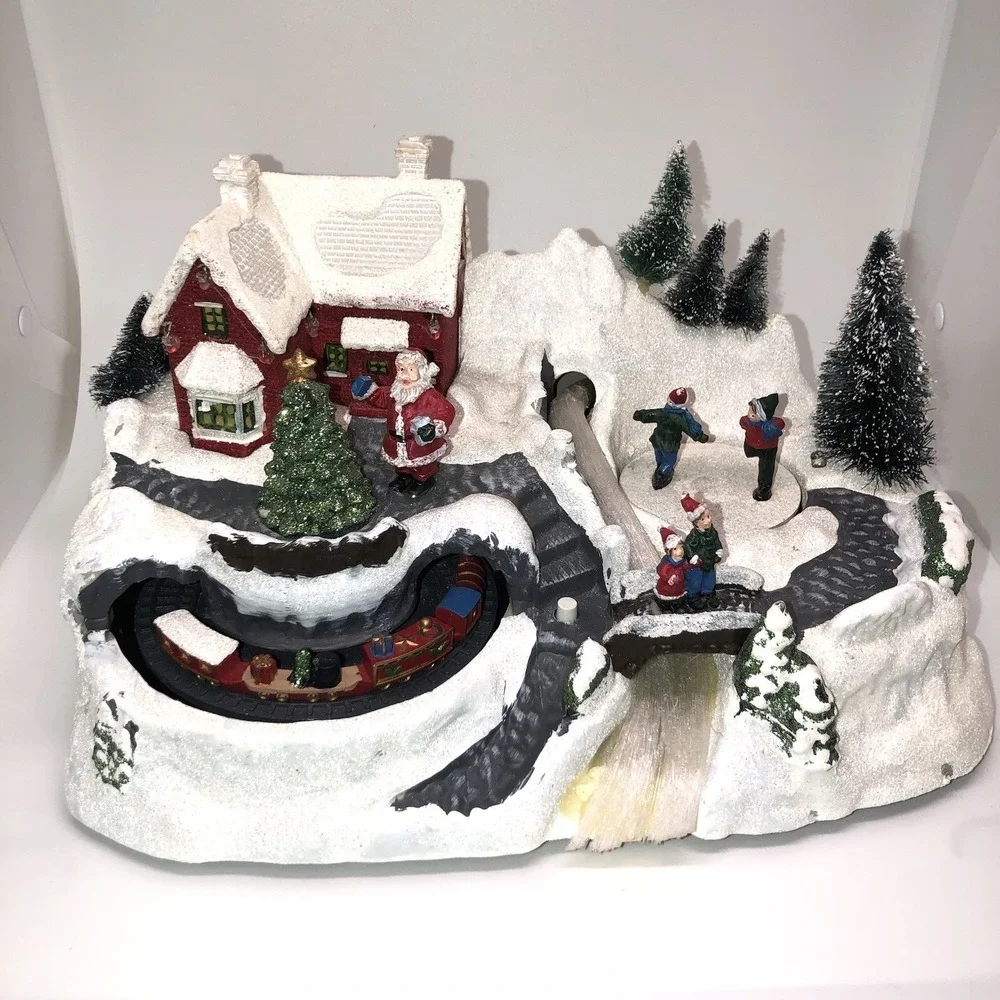 WORKING Holiday Christmas LED Fiber Optic Village Train Skaters Santa Bridge
